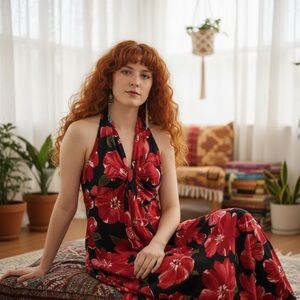 Gigi Halter Red Tropical Floral Resort Wear Beachy Maxi Dress Size 12